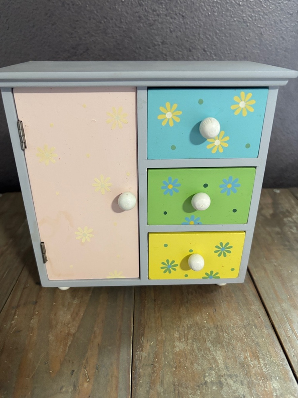 Small Floral Wooden Jewelry Box in Pastel Purple, Pink, Blue, Green & Yellow
